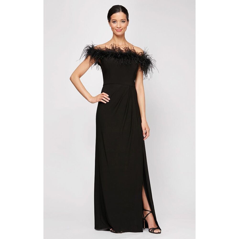 Alex Evenings Womens Black Feather Off Shoulder Gown Dress Sz 6 NEW